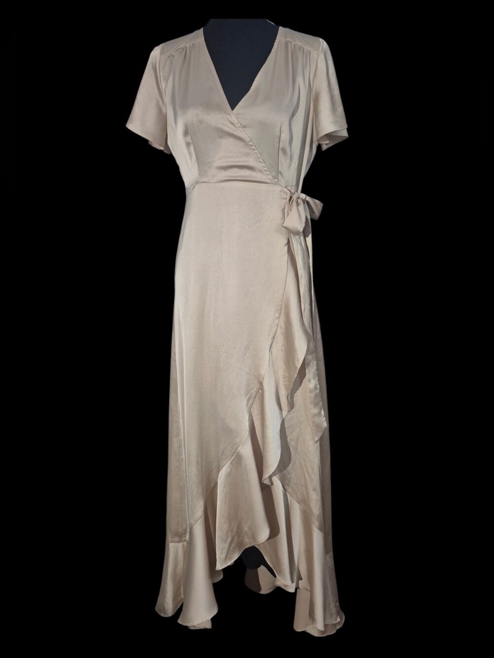 Altar'd State Satin V Neck Short Sleeve Wrap Front Ruffle Hem Maxi Dress Size M